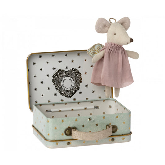 a Maileg guardian angel mouse in a mint and gold metal suitcase