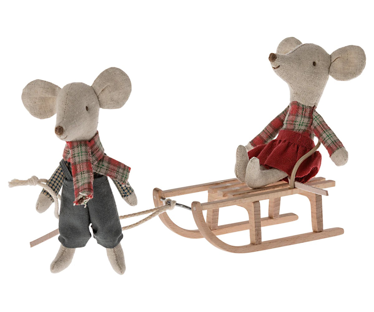 the Maileg wooden sled is the perfect size for maileg mice