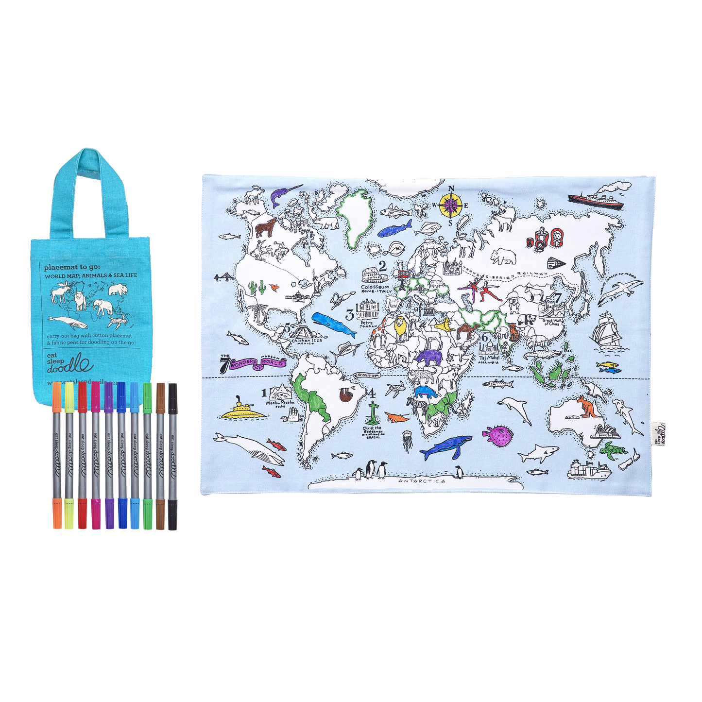 World Map Animals and Sealife Colouring Placemat