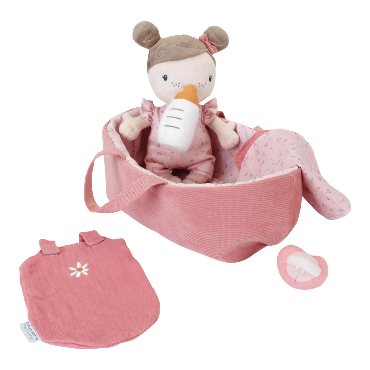 Little Dutch Baby Rosa comes with a bottle, dummy, sleeping bag, blanket, carry cot and an outfit