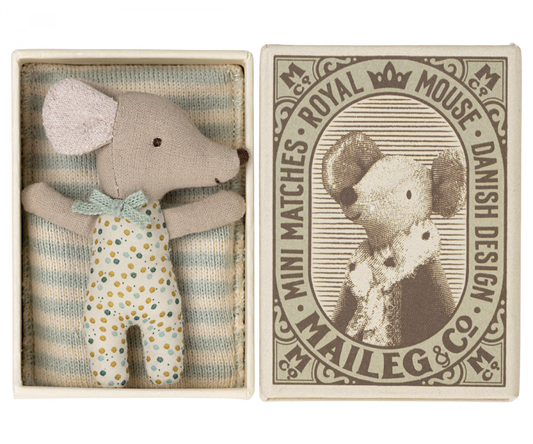 Maileg Sleepy/Wakey Baby Mouse in a Matchbox (Blue)