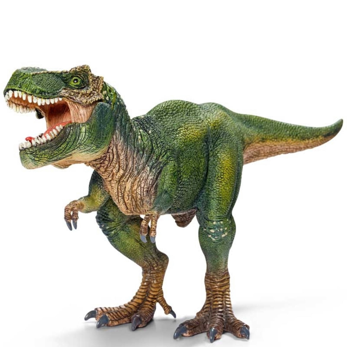Toy dinosaur, Tyrannosaurus rex, t-rex . Green/brown/yellow. Short arms, sharp teeth.
