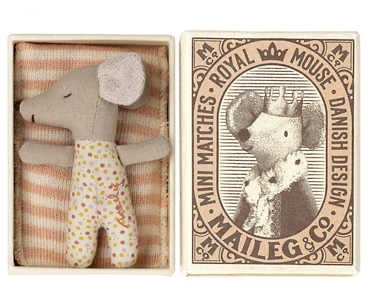 Maileg Sleepy/Wakey Baby Mouse in a Matchbox (Rose)