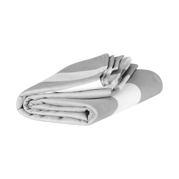 folded grey and white cabana towel from dock and bay