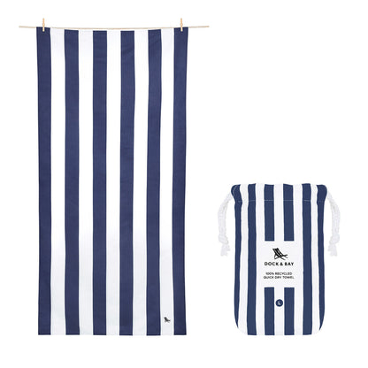 Navy and white striped cabana towel from dock and bay