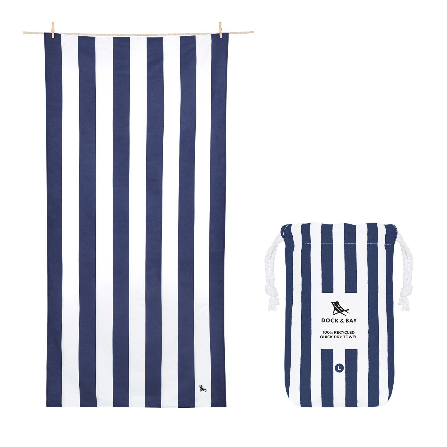 Navy and white striped cabana towel from dock and bay