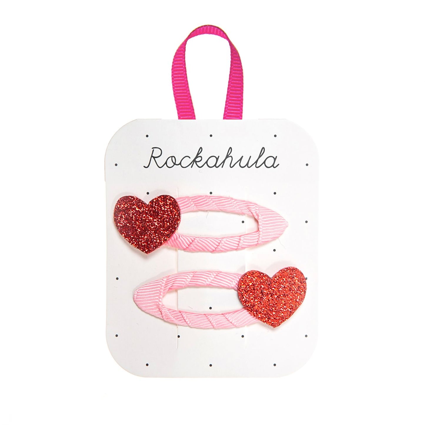 Glittery red love hearts on pink grosgrain wrapped hair clips from Rockahula